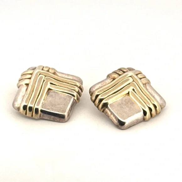 Vintage 925 Sterling Silver very large Puffy Square 2 tone clipon Earrings 18.5g - Picture 4 of 10